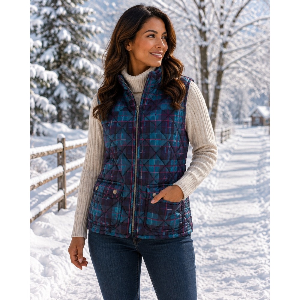 St. John's Bay Women M Plaid Quilted Puffer Vest Teal Navy Pink Preppy